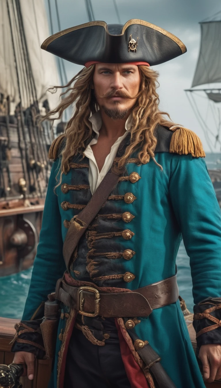 (masterpiece), (Highest quality:1.2), Absurd, Intricate details, (Very detailed:1.2), (1 person, Muscular adult Swedish man:1.2), Turquoise Eyes, Copper-colored hair, Straight hair, piratepunkai, skin, Character Focus, Portraiture, View your viewers, alone, Upper Body, Detailed Background, sinister smile, Those who cannot, Rich pirate captain costume, Tattoo, Dark Fantasy Theme, high seas, wooden deck of a ship, cannon, gunpowder, Flintlock pistol type, flying debris, pirate battle, Maelstrom, Dark Storm, it's raining, Tropical Beach, pirate hideout, dock, camp, Palm tree, sand, peaceful, sunlight, Loot, azimuth magnetic needle, treasure,