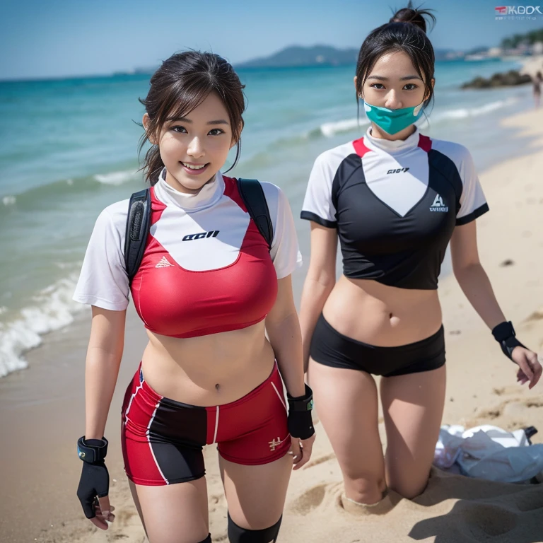 (2 beautiful Korean volleyball players, age 28, wearing White Tight Lightweight Synthetic Jersey, Red Spandex Shorts, Ankle Braces and Knee Pads, volunteering in 'International Coastal Cleanup', during Sunrise On The Beach, thoughtful expressions, kind smile, dimpled chins, cute snaggle-tooth, short hair ponytail, symmetrical face, beautiful detailed face, beautiful detailed eyes, perfect body proportions, ample round bosoms, photorealistic, hyper-realism, high contrast, ultra HD, realistic skin textures, top image quality, top-quality, super high resolution, fine details, very meticulously, masterpiece, head to knees, High Angle Shot, bokeh background) #SeaTheChange