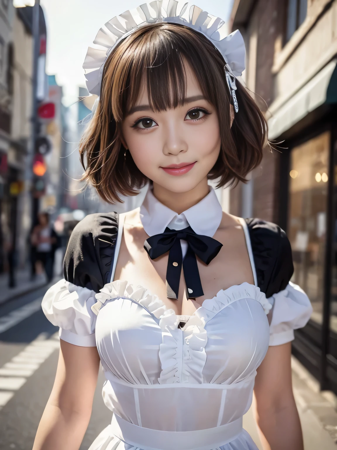 ((SFW: 1.4)), ((SFW, Super Short Hair, side lock hair, One girl)), smile、smile、Smiling with teeth showing、Full Body Shot、Thighs、Run、Cityscape Ultra High Resolution, (Realistic: 1.4), RAW Photos, Highest quality, (PhotoRealistic Stick), concentrated, Soft Light, ((18-year-old)), ((Japanese)), (( (Young Face))), (surface), (Depth of written boundary), masterpiece, (Realistic), Highly detailed wearing (( Maid outfit with frills and ribbons)), bangs, ((1 Girl)),(bust:1.5)
