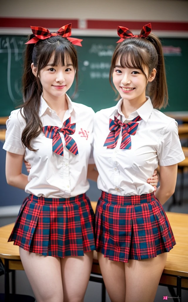 girls standing in school classroom, with red plaid bow tie,18-year-old,bangs,a little smiles,thighs,knees,low ponytail,from below