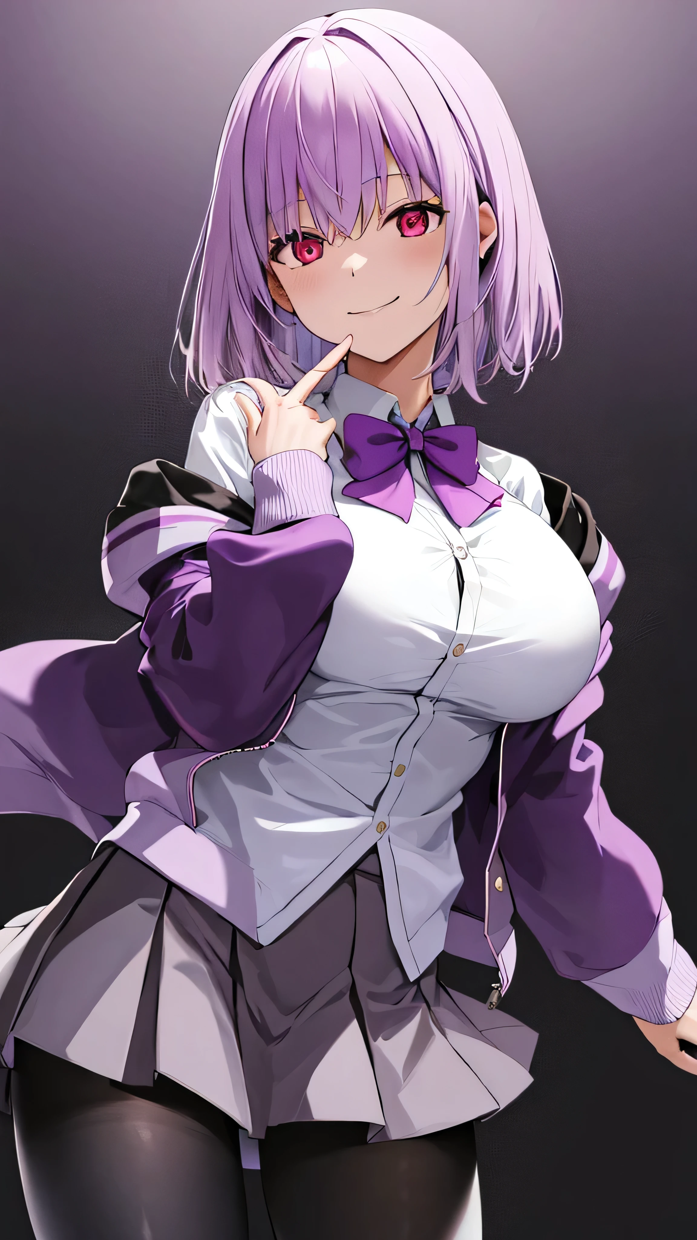 masterpiece, highest quality, High resolution, shinjou akane, One girl, alone, pantyhose, shirt, bow, skirt, purple Jacket, Jacket, white shirt, Long sleeve, short hair, black skirt, collared shirt, black pantyhose, Open clothes, bowtie, purple bow, chest, bangs, Red eyes, pleated skirt, Off the shoulder, open Jacket, Sleeves are longer than the wrist, Light purple hair, purple bowtie, miniskirt,  Cowboy Shot,too evil smile,smile worst,looking down at viewer,laugh worst,evil laugh,deep shaded face,laugh face,big monster ,dark purple backgrounds,two hands,five fingers,two legs,