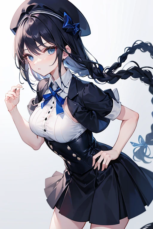 Black short-sleeved dress shirt　corset　Navy Blue Skirt　White jacket　beret　braided long