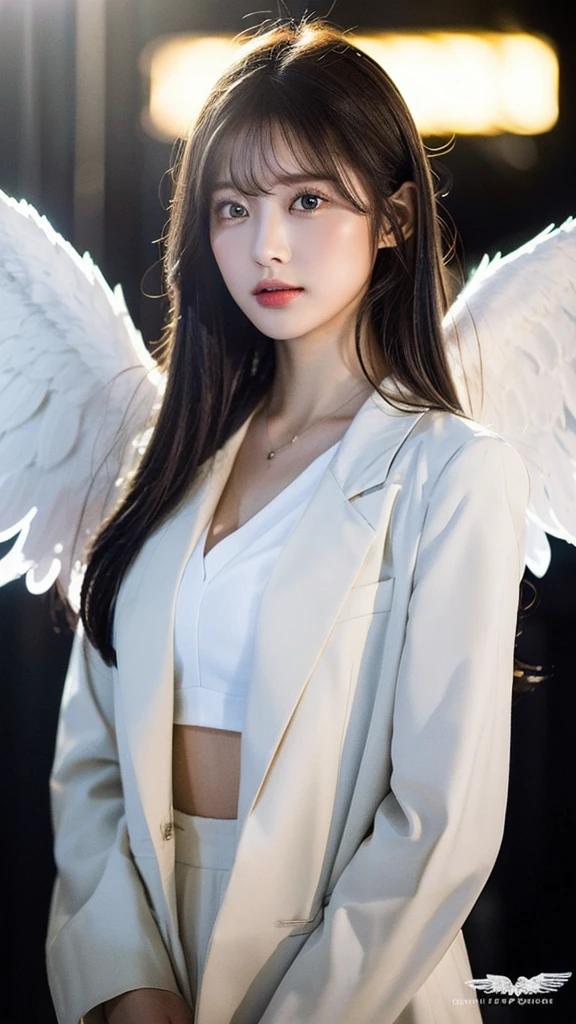 (masterpiece, Highest quality:1.3), (Super detailed:1.3), One girl, alone, (Gray Hair, Messy Hair, Long Hair), (Angel Wings, Angel Halo), Flat Chest, Yellow Eyes, (White shirt, Black tie, Black coat, Open Court), Cowboy Shot, Cinema Lighting, (((Glowing light particles))), (Put your arms behind your back), Dynamic Angle,
