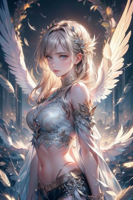 A beautiful cute angel, intricate beautiful detailed (crop top covered in countless feathers:1.2), intricate beautiful detailed (shorts covered in countless feathers:1.2), large angel wings:1.2, night, dark tones, descending to the waterside, downcast gaze, melancholic eyes, platinum blonde flowing hair, detailed facial features, highly detailed, 16k, highest quality, masterpiece, photorealistic:1.37, cinematic posing, cinematic angle, dramatic lighting, moody atmosphere, mystical, ethereal, serene, view from ground