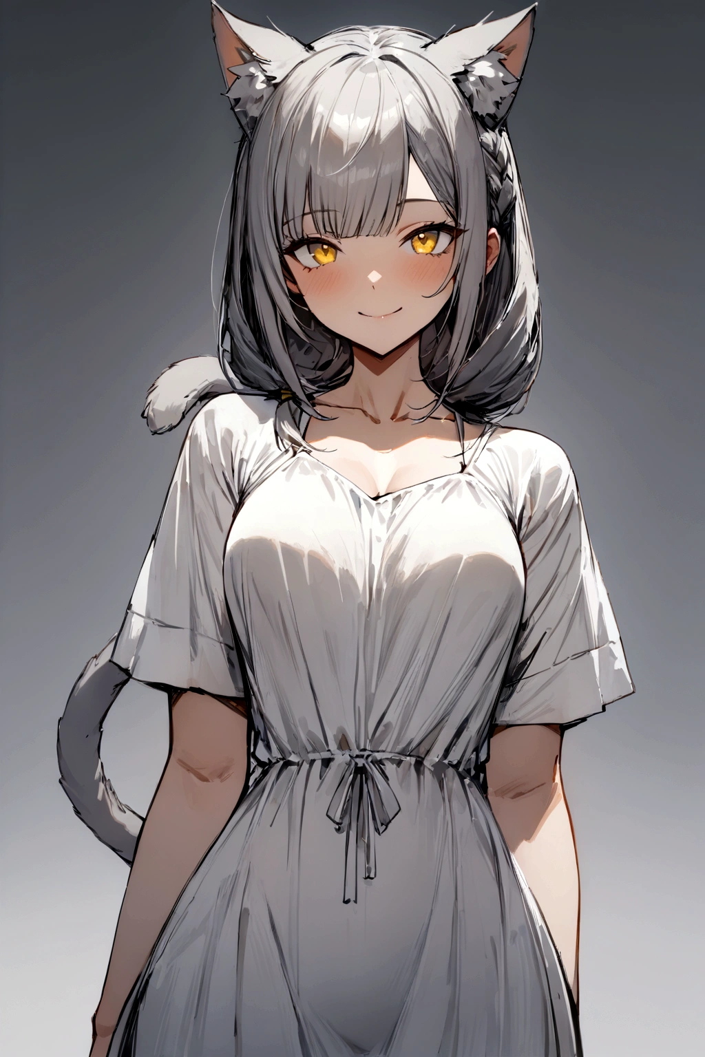 ((masterpiece)), ((best quality)), (from front, facing front:1.32), (close-up:1.2), (half-body shot:1.36), (side bangs hairstyle), perfect anatomy, 1girl, solo, adult cat girl, long gray straight hair, yellow round eyes, gray cat ears, a gray fluffy cat tail, short-sleeved loose white dress, smiling, looking at viewers