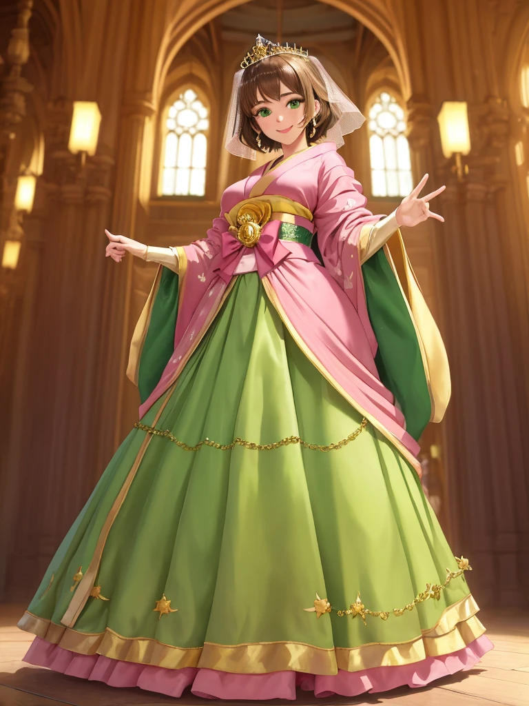 masterpiece, best quality:1.2), 1girl, smile, looking at viewer, green eyes, short brown hair, princess, princess dress, wearing puffy pink ballgown skirt reaching the floor, green kimono, golden tiara with veil, standing in ballroom of medieval castle