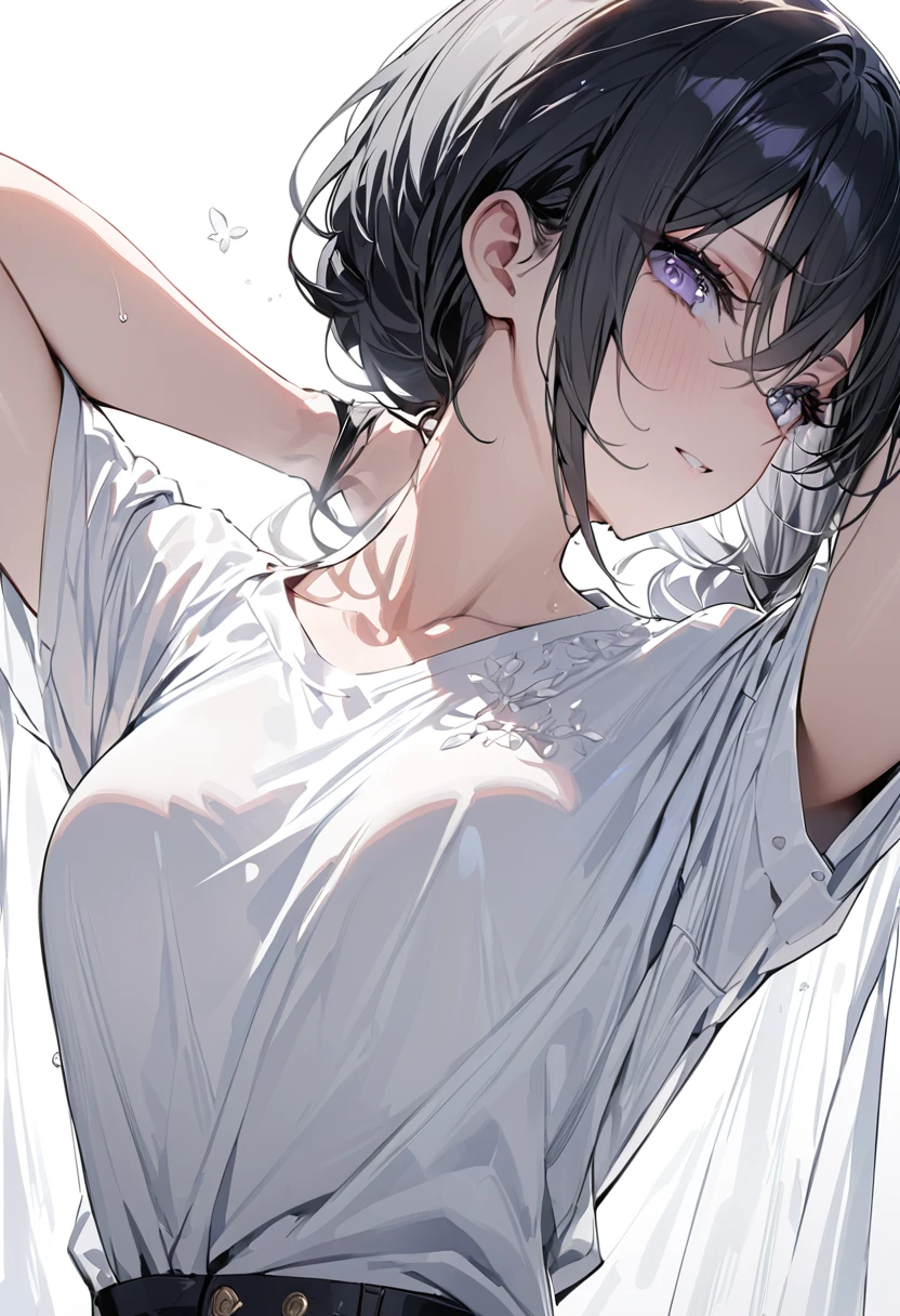 anime,(face),(Beautiful attention to detail), Black Hair,Silver Eyes, masterpiece,View your viewers, Highest_quality,White Background,masterpiece,White shirt, Put your arms behind your back,  