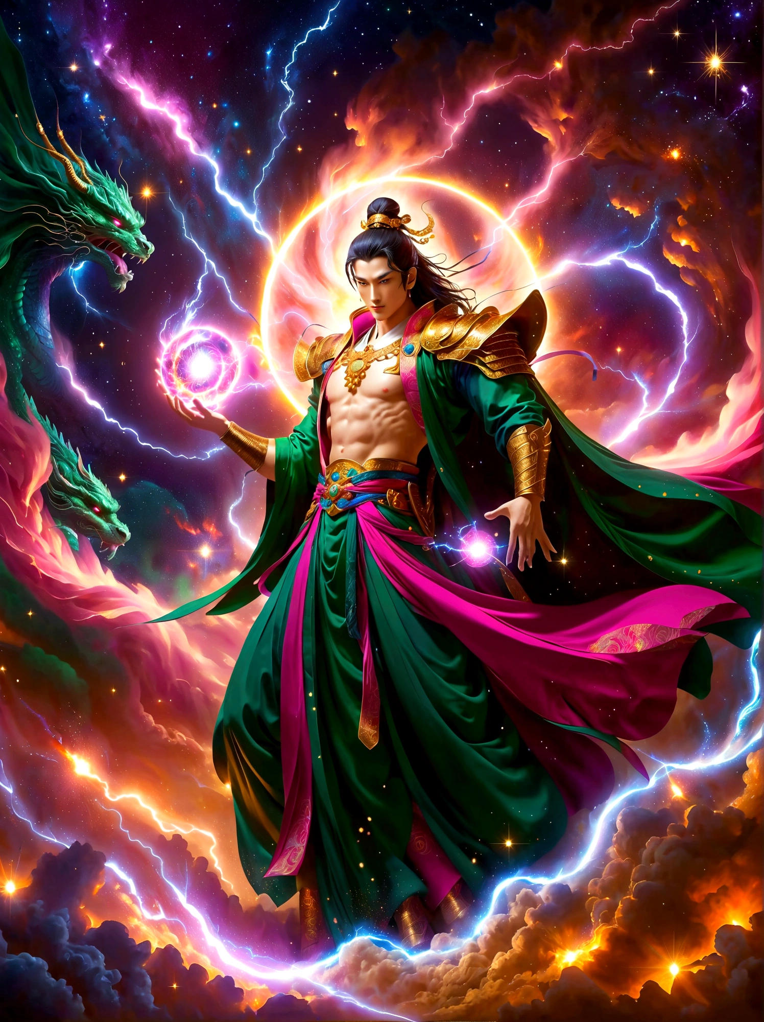 An epic clash between divine beings. The sky showcases extravagant shades of violet, pink, and gold against the backdrop of stars and galaxies. One fierce deity, an East Asian male with burning eyes and white attire, summons lightning, illuminating the battlefield. The other entity, a Middle Eastern female exhibiting serene calm, clad in a flowing green robe, wields a tome radiating ethereal light. Above, cosmic dragons twist and coil, their scales shimmering with stardust as they roar in anticipation. Below, an earth transformed by the battle displays crumbled mountains, roaring oceans, and forests set alight.