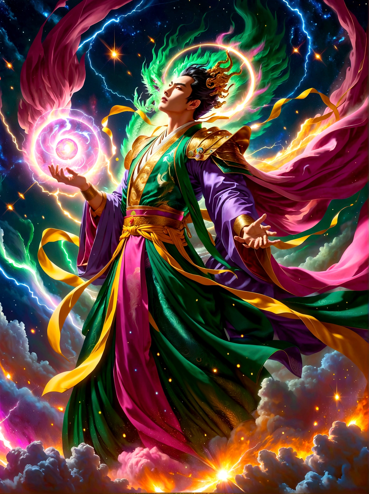 An epic clash between divine beings. The sky showcases extravagant shades of violet, pink, and gold against the backdrop of stars and galaxies. One fierce deity, an East Asian male with burning eyes and white attire, summons lightning, illuminating the battlefield. The other entity, a Middle Eastern female exhibiting serene calm, clad in a flowing green robe, wields a tome radiating ethereal light. Above, cosmic dragons twist and coil, their scales shimmering with stardust as they roar in anticipation. Below, an earth transformed by the battle displays crumbled mountains, roaring oceans, and forests set alight.