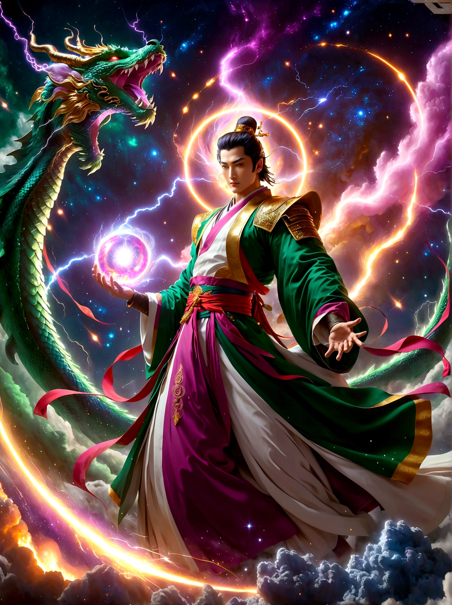An epic clash between divine beings. The sky showcases extravagant shades of violet, pink, and gold against the backdrop of stars and galaxies. One fierce deity, an East Asian male with burning eyes and white attire, summons lightning, illuminating the battlefield. The other entity, a Middle Eastern female exhibiting serene calm, clad in a flowing green robe, wields a tome radiating ethereal light. Above, cosmic dragons twist and coil, their scales shimmering with stardust as they roar in anticipation. Below, an earth transformed by the battle displays crumbled mountains, roaring oceans, and forests set alight.