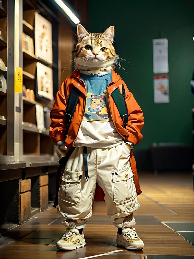 masterpiece, Highest quality, Cute cat, Wear a casual suit, sneakers, Cool look, Cute digital illustration art,low length、Short leg、