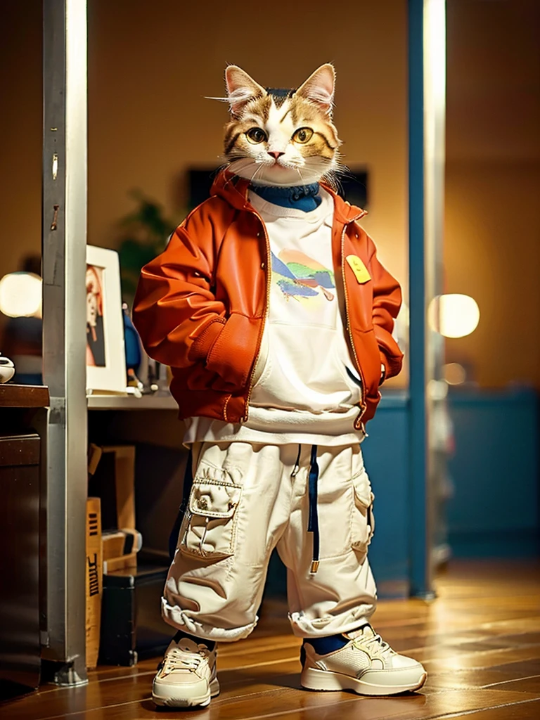 masterpiece, Highest quality, Cute cat, Wear a casual suit, sneakers, Cool look, Cute digital illustration art,low length、Short leg、