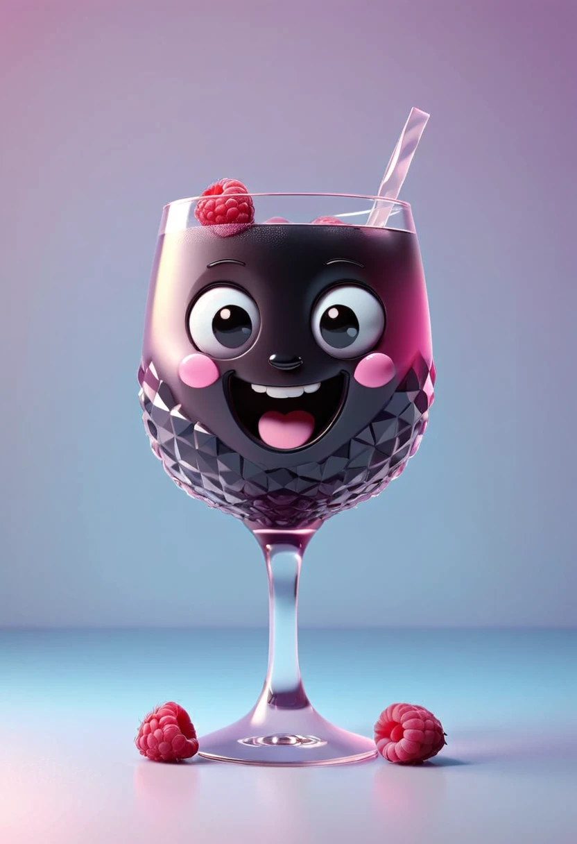 3D Isometric, Blender Rendering, Soft colors,  A cute little black vodka is smiling, Raspberries and ice in the background Two-tone lighting, Abstract geometric gradient, geometric shapes, Simple Background