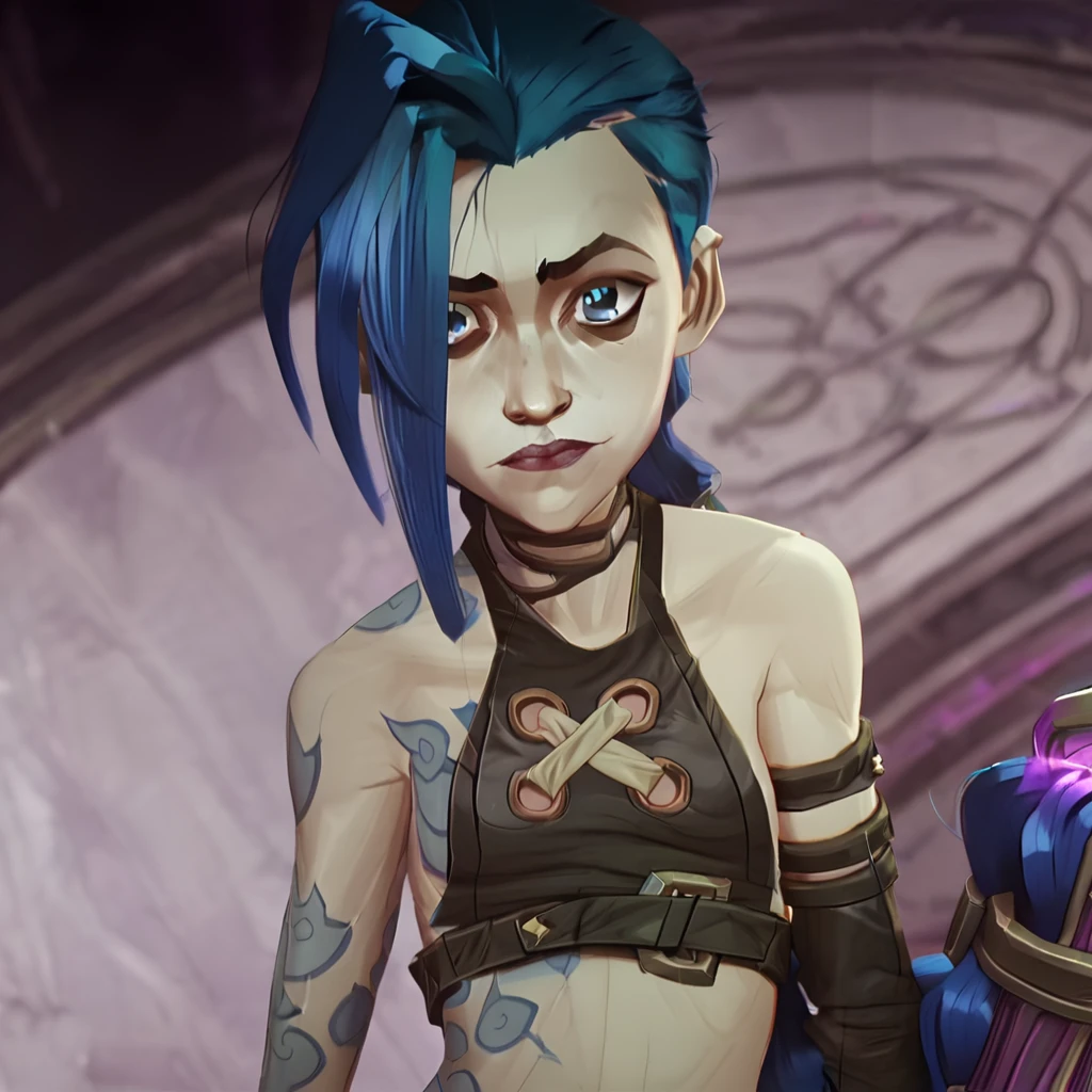 arcane, jinx, blue eyes, weave, Blue hair, very long hair, bangs, lipstick, eyeshadows, freckles, topless, Short top, jinx (League of Legends), Shoulder Tattoo, naked, small breasts, nsfw
