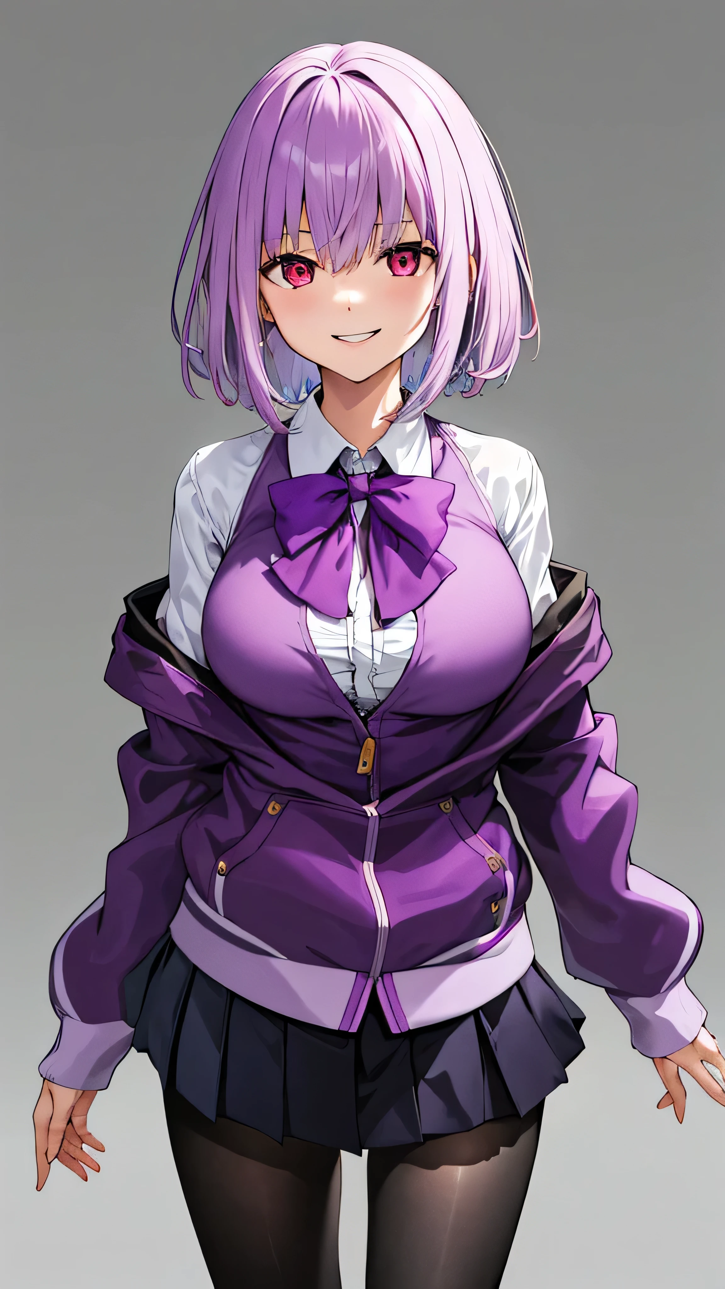 masterpiece, highest quality, High resolution, shinjou akane, One girl, alone, pantyhose, shirt, bow, skirt, purple Jacket, Jacket, white shirt, Long sleeve, short hair, black skirt, collared shirt, black pantyhose, Open clothes, bowtie, purple bow, chest, bangs, Red eyes, pleated skirt, Off the shoulder, open Jacket, Sleeves are longer than the wrist, Light purple hair, purple bowtie, miniskirt, Cowboy Shot,too evil smile,smile worst,looking down at viewer,laugh worst,evil laugh,deep shaded face,laugh face,big monster ,dark purple backgrounds,two hands,five fingers,two legs,