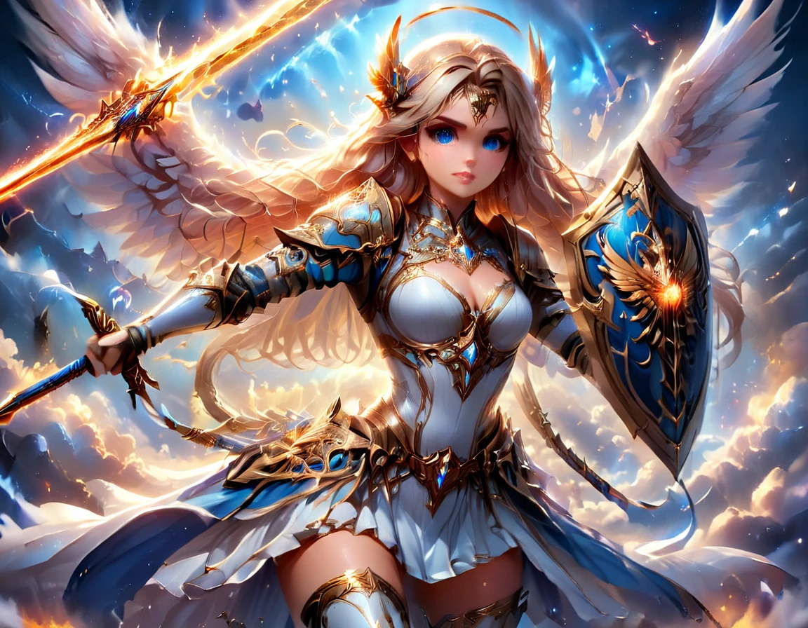 a ((medieval masterwork fresco art: 1.5)) Italian renaissance style, of a 1female angel knight, spread angelic wings, glowing halo soft light, full body shot, ultra detailed face, determined expression, angel of justice and vengeance, blond hair, long hair, dynamic hair style, (wearing armor: 1.2), intricate details, wearing (thigh high heeled boots: 1.1) , (holding divine sword: 1.3), flaming sword, intense details, masterwork sword, dynamic background(Masterpiece: 1.5), Vibrant, Ultra-high resolution, High Contrast, (masterpiece:1.2), highest quality, Best aesthetics), best details, best quality, highres, ultra wide angle, 16k, [ultra detailed], masterpiece, best quality, (extremely detailed), intense gaze, faize, raging nebula, Sword and shield, drc_style