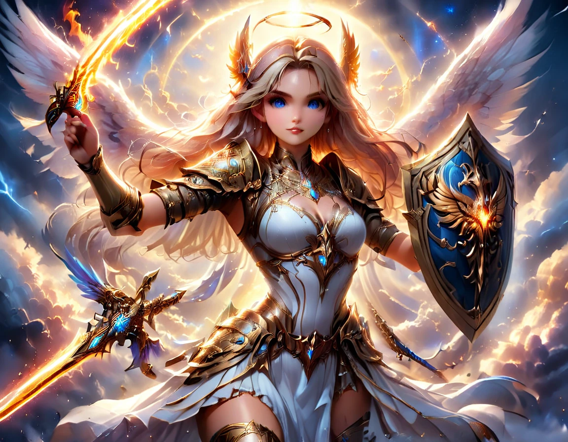a ((medieval masterwork fresco art: 1.5)) Italian renaissance style, of a 1female angel knight, spread angelic wings, glowing halo soft light, full body shot, ultra detailed face, determined expression, angel of justice and vengeance, blond hair, long hair, dynamic hair style, (wearing armor: 1.2), intricate details, wearing (thigh high heeled boots: 1.1) , (holding divine sword: 1.3), flaming sword, intense details, masterwork sword, dynamic background(Masterpiece: 1.5), Vibrant, Ultra-high resolution, High Contrast, (masterpiece:1.2), highest quality, Best aesthetics), best details, best quality, highres, ultra wide angle, 16k, [ultra detailed], masterpiece, best quality, (extremely detailed), intense gaze, faize, raging nebula, Sword and shield, drc_style