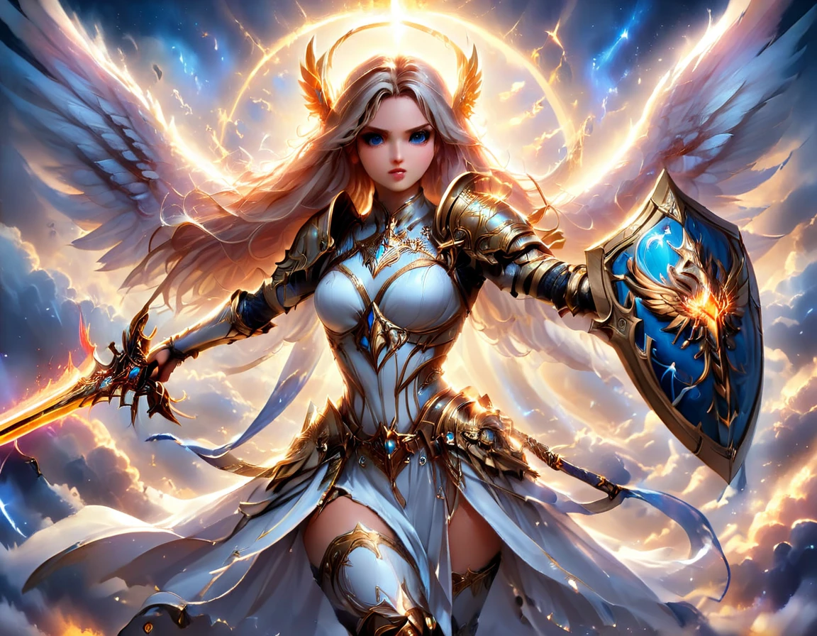 a ((medieval masterwork fresco art: 1.5)) Italian renaissance style, of a 1female angel knight, spread angelic wings, glowing halo soft light, full body shot, ultra detailed face, determined expression, angel of justice and vengeance, blond hair, long hair, dynamic hair style, (wearing armor: 1.2), intricate details, wearing (thigh high heeled boots: 1.1) , (holding divine sword: 1.3), flaming sword, intense details, masterwork sword, dynamic background(Masterpiece: 1.5), Vibrant, Ultra-high resolution, High Contrast, (masterpiece:1.2), highest quality, Best aesthetics), best details, best quality, highres, ultra wide angle, 16k, [ultra detailed], masterpiece, best quality, (extremely detailed), intense gaze, faize, raging nebula, Sword and shield, drc_style