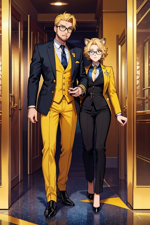 male, blonde hair, blue eyes, trimmed goatee, (((1boy))), (((golden yellow business suit))), (golden yellow pants), (black dress shirt), (brown necktie), (black dress shoes), (glasses), older man, lion ears on head