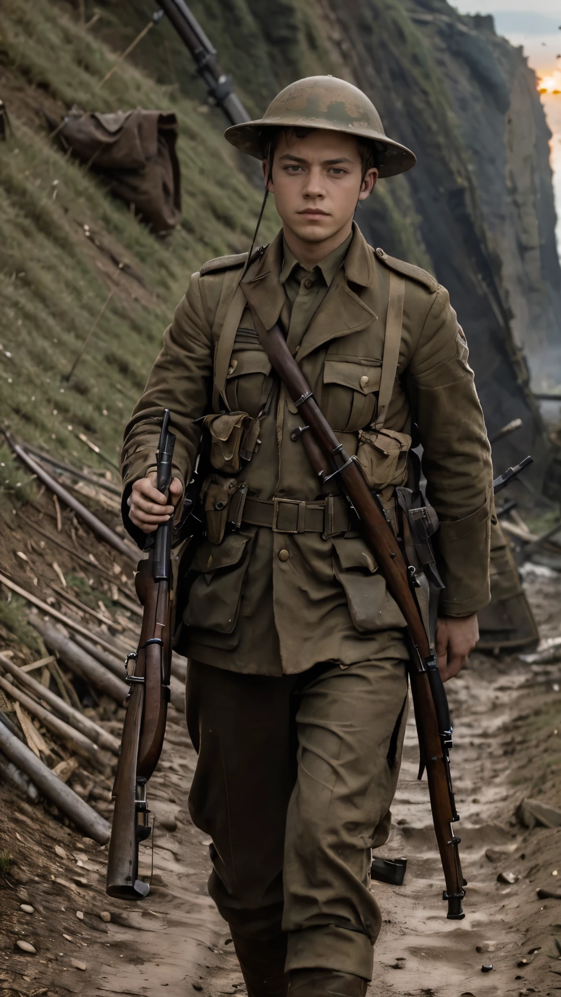 (masterpiece), best quality, expressive eyes, perfect face, cliffs, man, trenches, dirty, uniform, realistic, HD, holding Rifle, Enfield rifle, Somme, trench warfare, bayonet, dusk, explosion, bombarded, Harry Styles, stock rifle