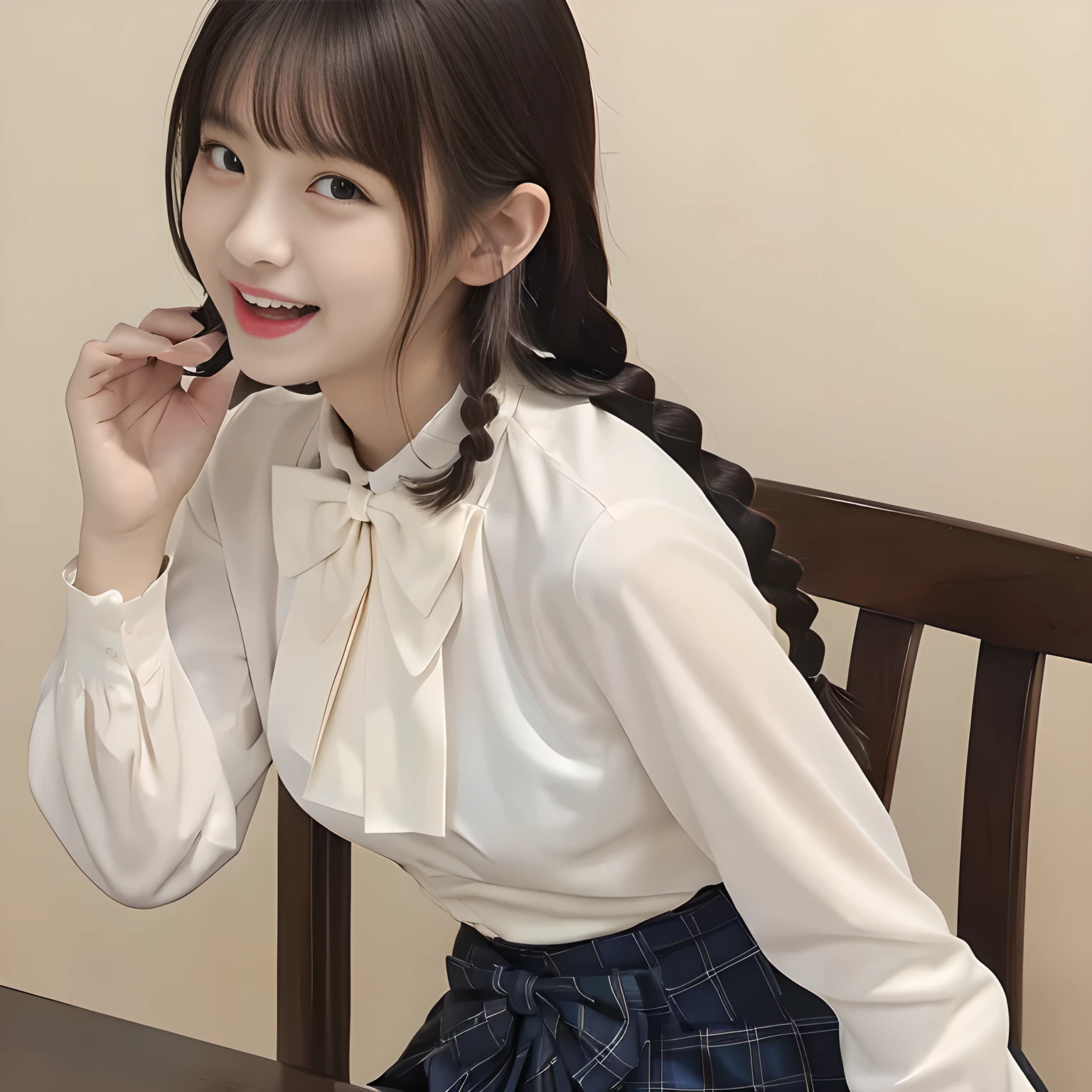 (highest quality, masterpiece:1.2), highest quality, High resolution, 1080P, 8K, Height: 158cm, ((A very intelligent, very noble, pretty and neat Japanese beautiful girl fashion model. 16 years old. Looking at the audience. Realistic fashion model)), ((((White face with plump cheeks)))), Glossy lips, (Evenly cut bangs), ((Very beautiful dark eyes)), The very large, shiny, wide red ribbon bow-tie on her chest is very cute., ((Black Hair)), ((long twin braids)), (((Cream colored blouse))), A neat uniform, Very lustrous, glossy lips, Open hand over open mouth, Beautiful hair like a hair model, Cream colored long skirt, Watching the viewer and laughing, ((Incredibly well organized, The expression is rich. plump and beautiful skin and face)), ((Pure and clear eyes)), Long eyelashes, ((laughing at me!)), A ruffled blouse will highlight the shadows., Glossy Lips, Advertisement of Japanese girl's neat school fashion, ((noble and neat)), ((fascinating like succubus)), ((pinky background)), There are several folded skirts on the desk., There are several ribbon ties on the chair.