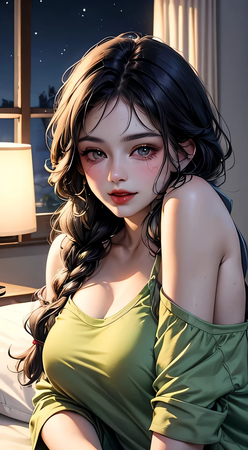Amazing portrait of a sexy woman with her black hair in a single braid having a long forehead with seductive eyes and her lips parted smiling with the deepest blush wearing an off shoulder olive green t shirt and blue short shorts lying on the bed being very seductive and aroused during night time with soft lighting emphasizing her beautiful face