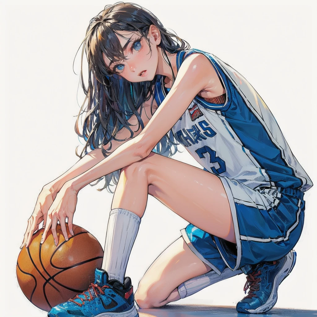 masterpiece, (textured skin), best quality, gorgeous beautiful girl, (a female basketball athlete), detailed clothes,large breasts,narrow waist,, (beautiful face), cinematic lighting, (at basketball venue ),