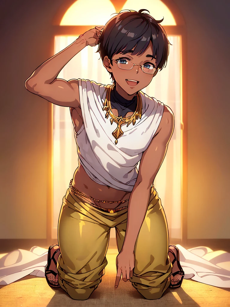 (1 boy  20 years old solo:1.4),(flat chest),(dark skin), (masterpiece:1.2), highest quality, High resolution, unity 8k wallpaper, (fine and beautiful eyes:1.6), highly detailed face, perfect lighting, Detailed CG, (perfect hands, perfect anatomy),  20 years old, (black hair:1.3), detailed eyes, best quality, extremely detailed, very precise detailed, (glasses:1.6), (blunt bangs:1.3), (open mouth), (very short pixie cut:1.2), (Sandals:1.2), (evil smile:1.4), , (half closed eyes:1.3) ,long sidelocks, (blush),(kneeling:1.3),(Put left knee in front:1.5),(arabian clothes:1.5),,( harem pants:1.4),(arms behind head),spread legs,(white veil:1.3),(pelvis cloth:1.5)
