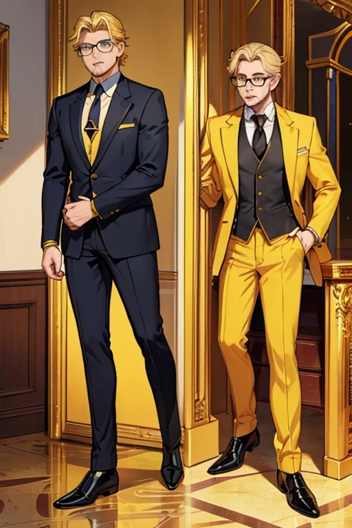 male, blonde hair, blue eyes, trimmed goatee, (((1boy))), (((golden yellow business suit))), (golden yellow pants), (black dress shirt), (brown necktie), (black dress shoes), (glasses), older man, lion ears on head