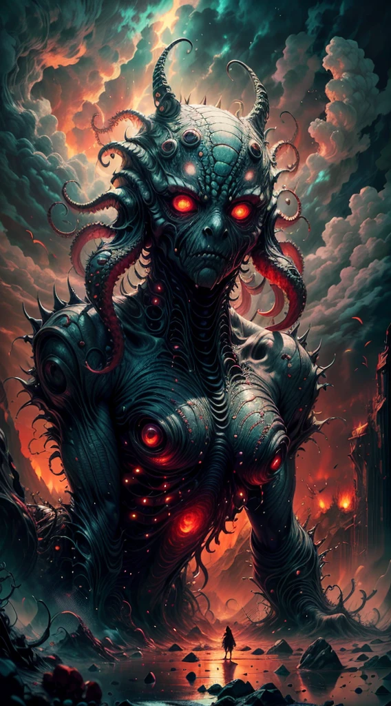 (best quality,highres,ultra-detailed),alien creature portrait,octopus-like,large size,beach landscape,alien green water sea,five glowing eyes,spiky tentacles,colorful scabrous skin,red sky,portrait,horror,concept artists,vivid colors,sharp focus,studio lighting