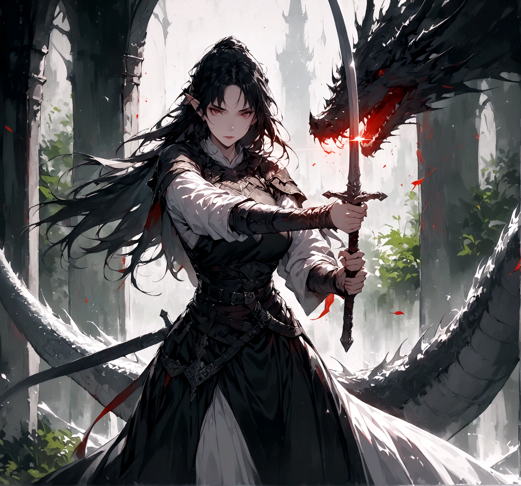 (HD), (masterpiece), (best quality), (Super detailed), (Best illustration), female elf warrior, whole body, middle Ages, Alone with the Dragon, dungeons and dragons,Offers vistas that capture grandeur and atmosphere。