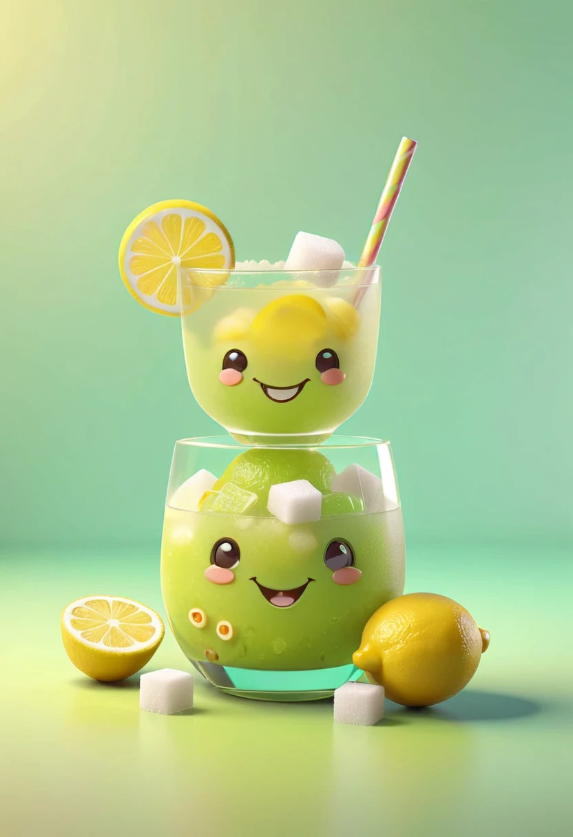 3D Isometric, Blender Rendering, Soft colors, A cute little caipirinha is smiling, Lemon slices and sugar cubes in the background、Two-tone lighting, Abstract geometric gradient, geometric shapes, Simple Background