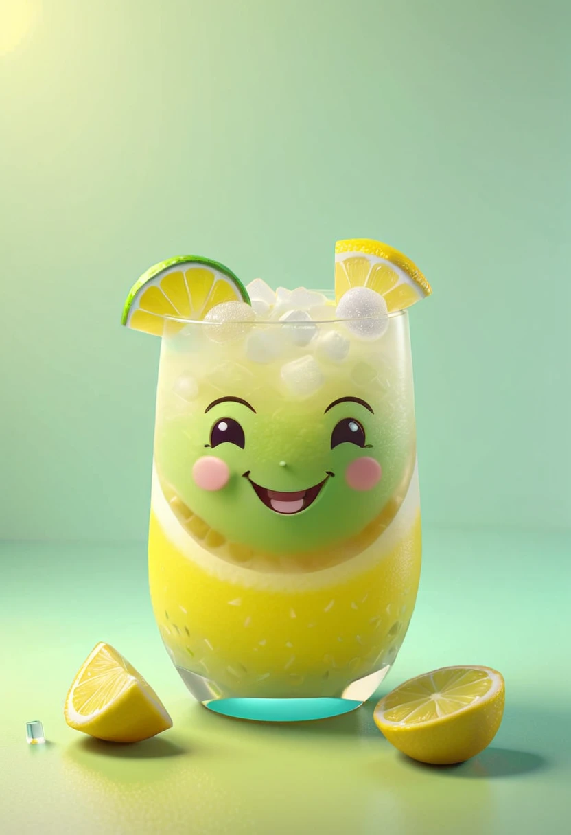 3D Isometric, Blender Rendering, Soft colors, A cute little caipirinha is smiling, Lemon slices and sugar cubes in the background、Two-tone lighting, Abstract geometric gradient, geometric shapes, Simple Background