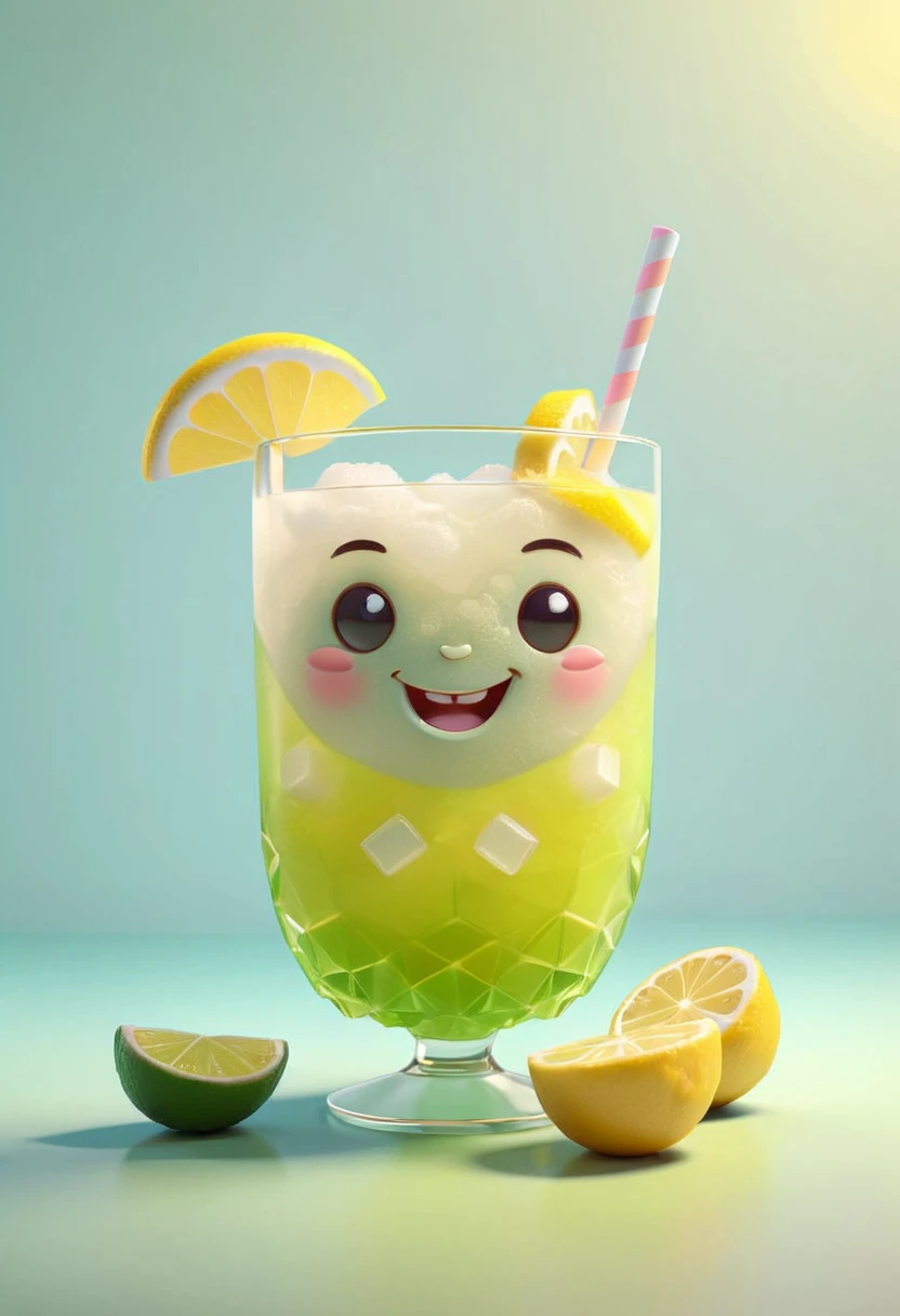 3D Isometric, Blender Rendering, Soft colors, A cute little caipirinha is smiling, Lemon slices and sugar cubes in the background、Two-tone lighting, Abstract geometric gradient, geometric shapes, Simple Background