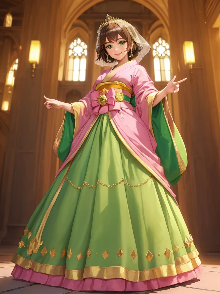 masterpiece, best quality:1.2), 1girl, smile, looking at viewer, green eyes, short brown hair, princess, princess dress, wearing puffy pink ballgown skirt reaching the floor, green kimono, golden tiara with veil, standing in ballroom of medieval castle