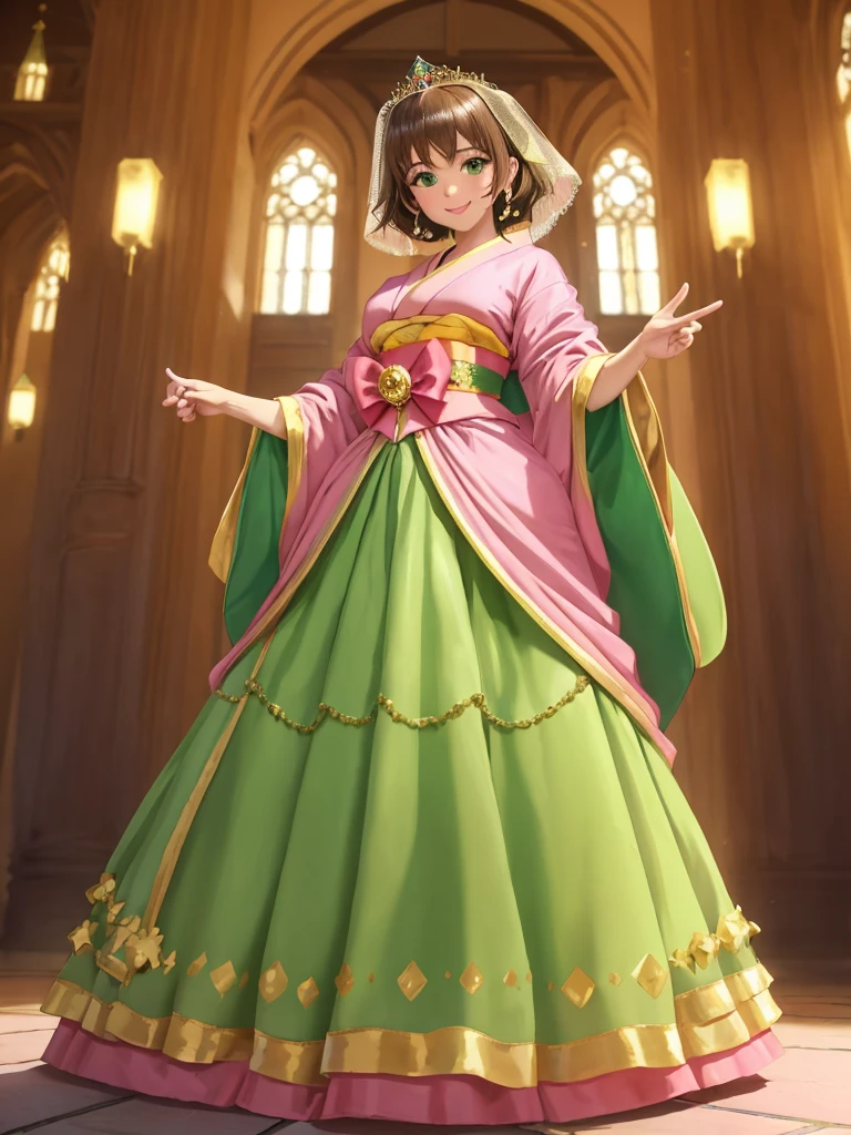 masterpiece, best quality:1.2), 1girl, smile, looking at viewer, green eyes, short brown hair, princess, princess dress, wearing puffy pink ballgown skirt reaching the floor, green kimono, golden tiara with veil, standing in ballroom of medieval castle