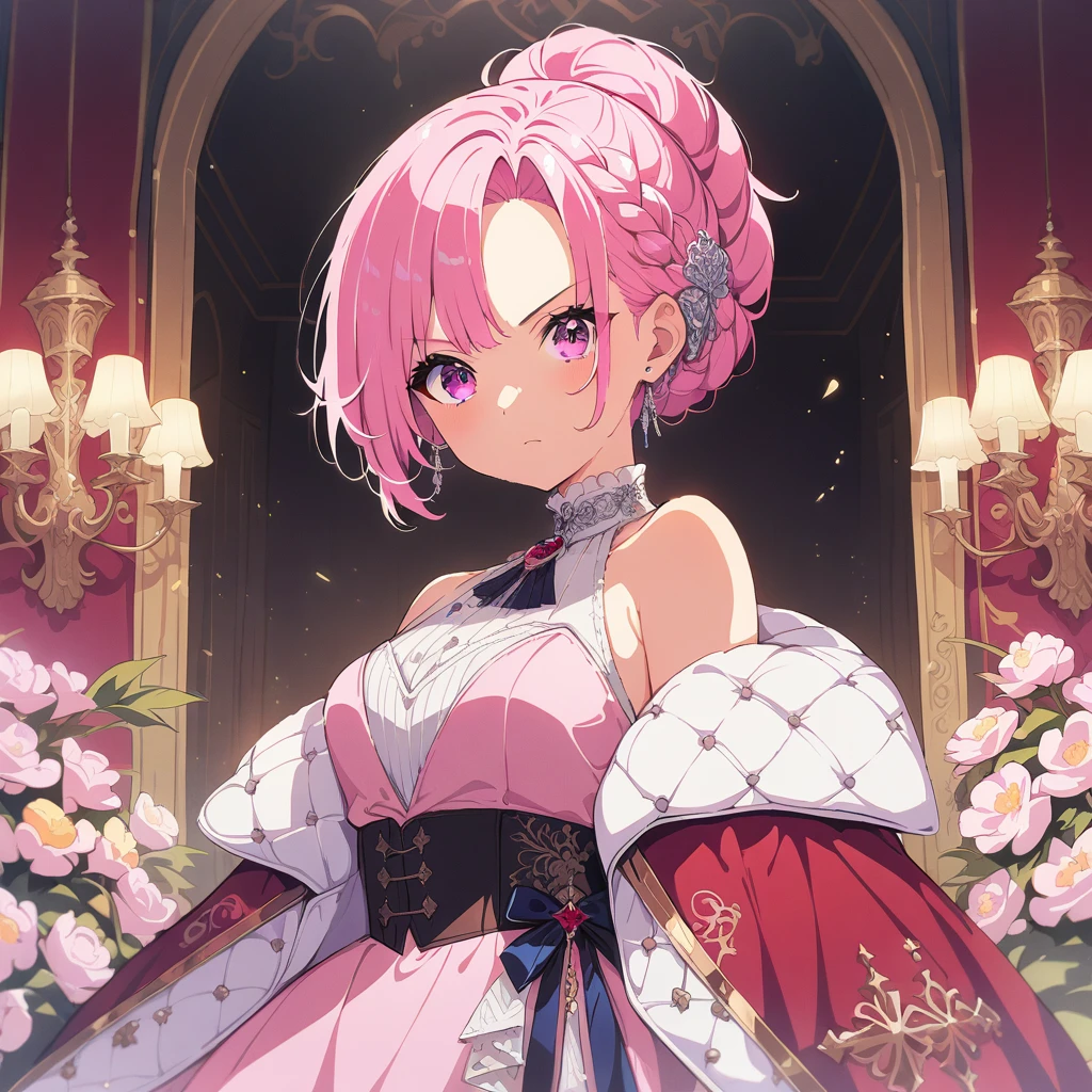 Woman, serious, elegant, pink dress, aristocratic, silver elements, long nails, bare shoulders, hairstyle, hair up, braid and ponytail, messy, arrogant, absurdes, detailed dress, royalty, celebration, hall decorated with flowers, cowboy shot, portrait, (best quality), (masterpiece), (highly detailed), (4k)