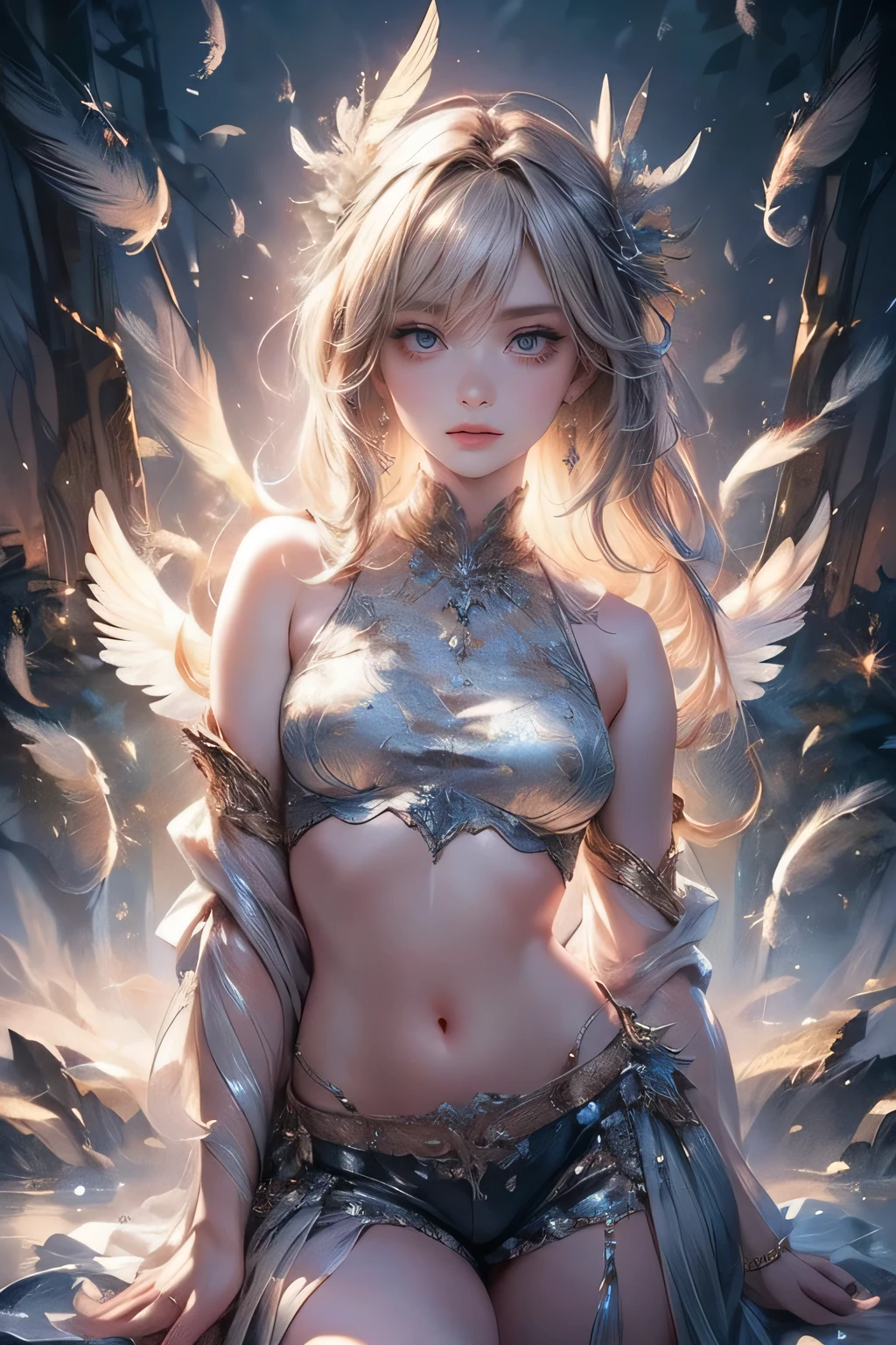 A beautiful cute angel, intricate beautiful detailed (crop top covered in countless feathers:1.2), intricate beautiful detailed (shorts covered in countless feathers:1.2), large angel wings, night, dark tones, descending to the waterside, downcast gaze, melancholic eyes, platinum blonde flowing hair, detailed facial features, highly detailed, 16k, highest quality, masterpiece, photorealistic:1.37, cinematic posing, cinematic angle, dramatic lighting, moody atmosphere, mystical, ethereal, serene