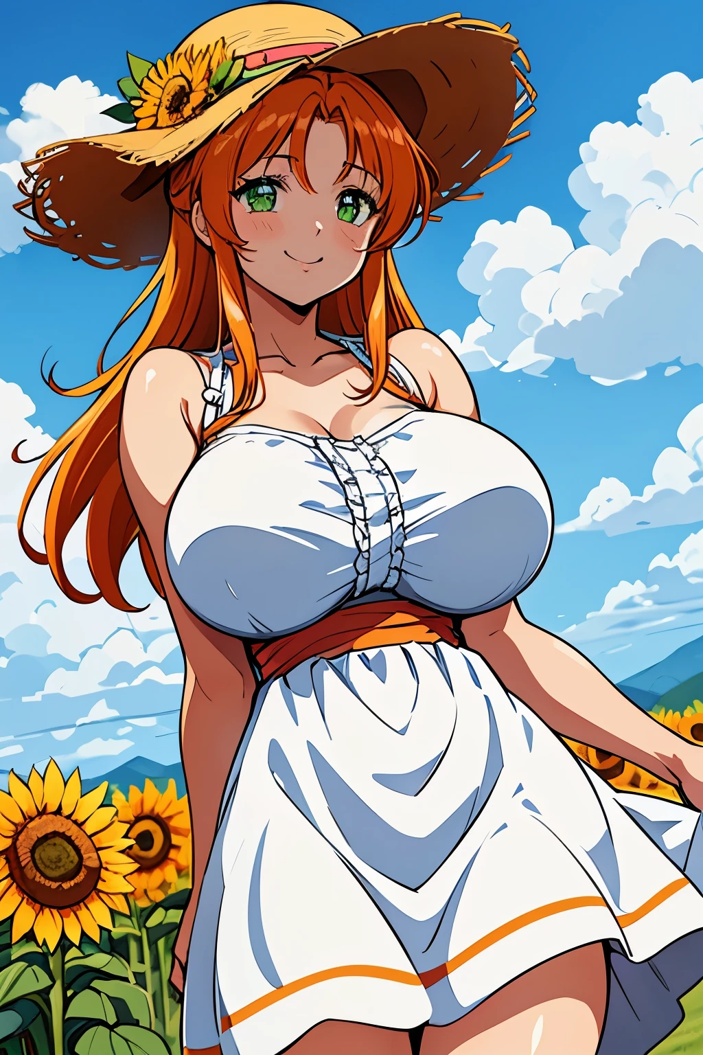 1girl, solo, cowboy shot,portrait、perfect quality, good quality, masterpiece, HDR, uhd,fukawa_miku, green eyes, orange hair, long hair, ,gigantic breasts,Sunflower field、Straw hat、(White Summer Dress:1.4)、sunny day、smile,cowboy shot