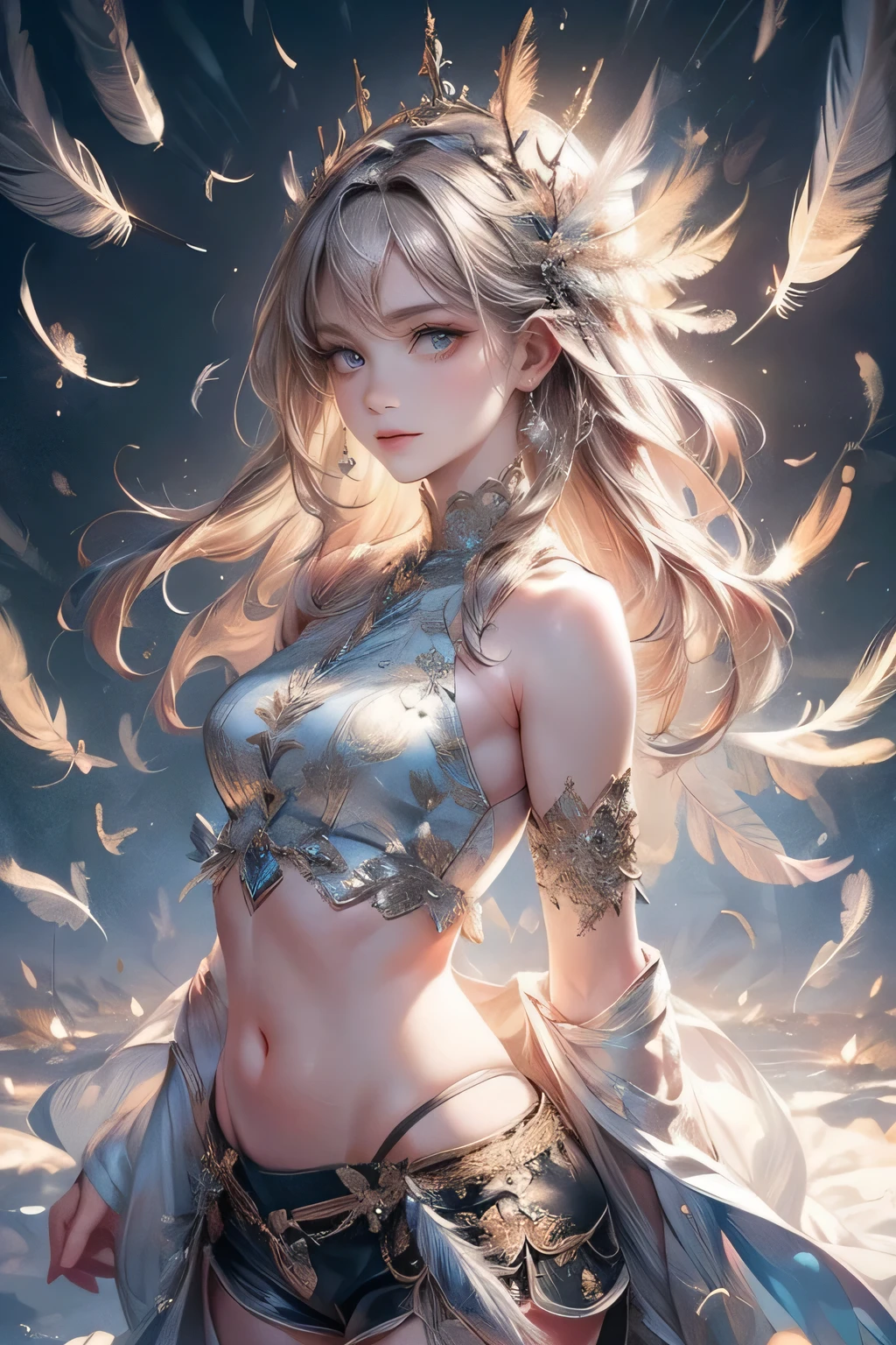 A beautiful cute angel, intricate beautiful detailed (crop top covered in countless feathers:1.2), intricate beautiful detailed (shorts covered in countless feathers:1.2), large angel wings, night, dark tones, descending to the waterside, downcast gaze, melancholic eyes, platinum blonde flowing hair, detailed facial features, highly detailed, 16k, highest quality, masterpiece, photorealistic:1.37, cinematic posing, cinematic angle, dramatic lighting, moody atmosphere, mystical, ethereal, serene