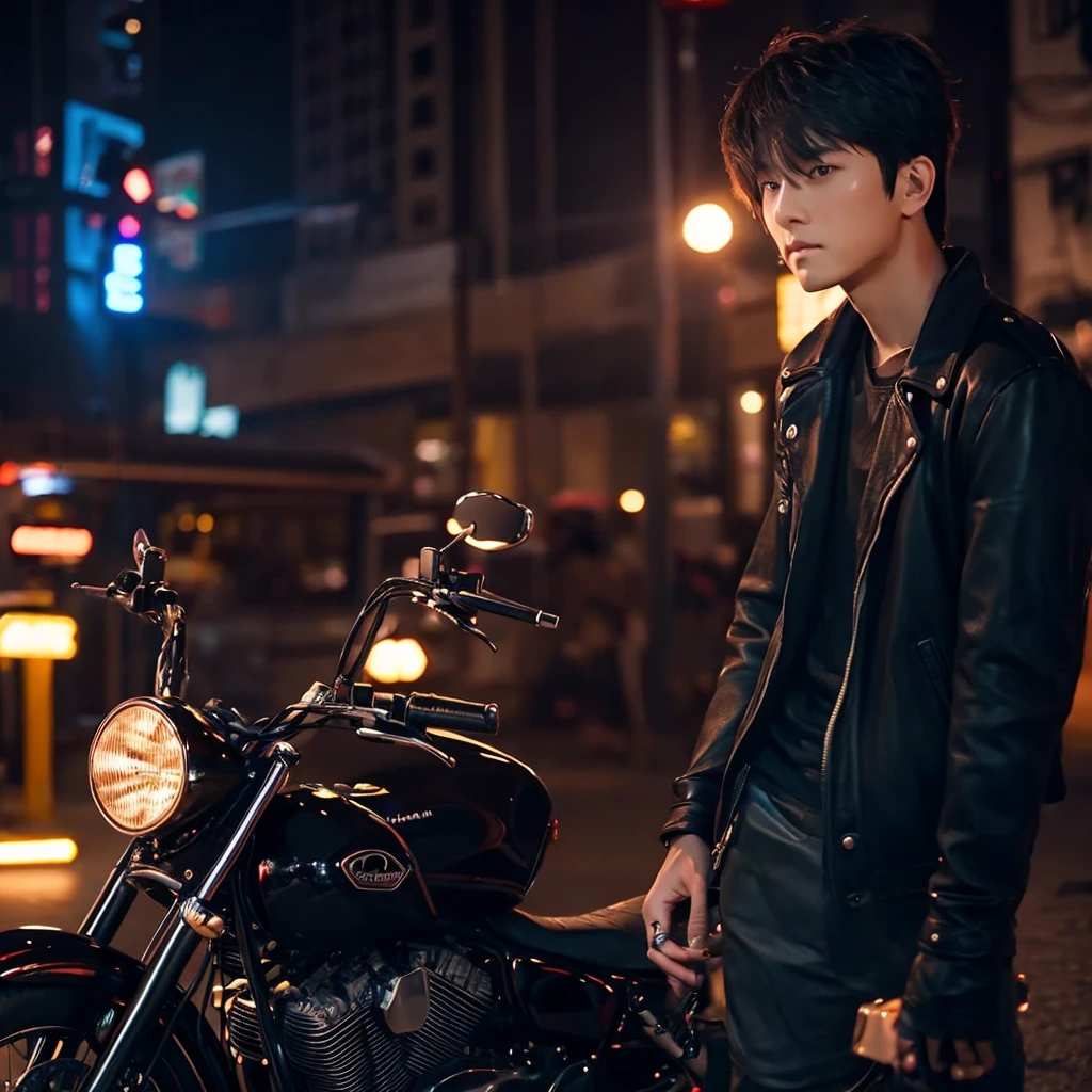 Get off the bike、Dark-haired man sitting on a motorcycle、night
