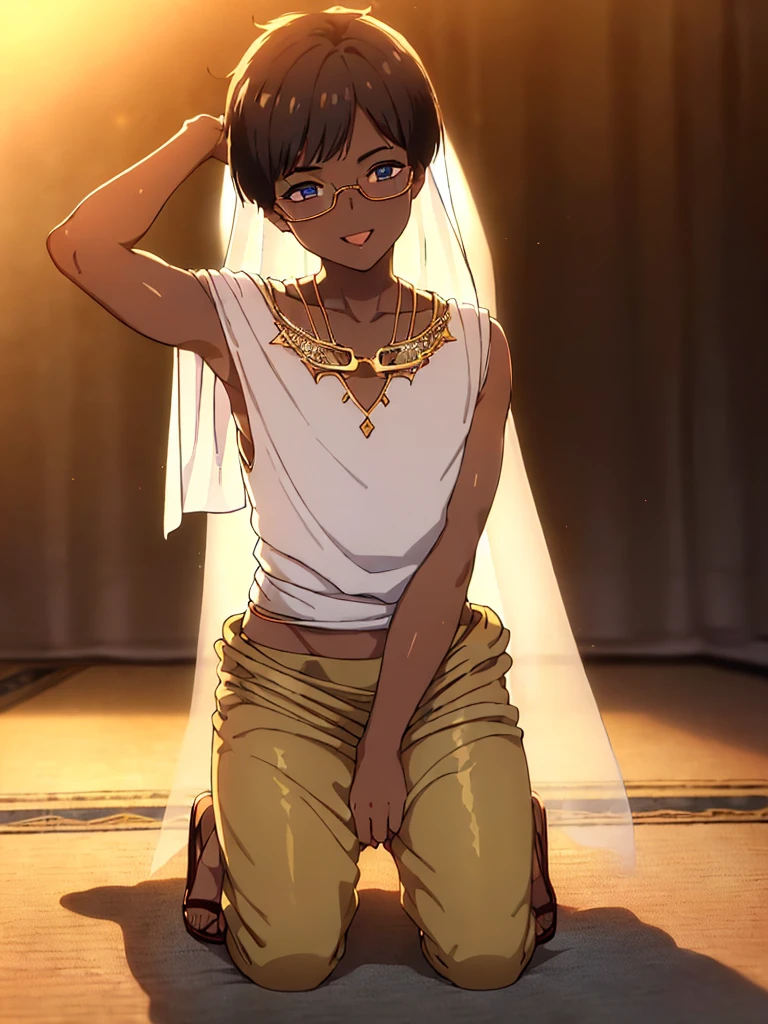 (1 boy  20 years old solo:1.4),(flat chest),(dark skin:1.3), (masterpiece:1.2), highest quality, High resolution, unity 8k wallpaper, (fine and beautiful eyes:1.6), highly detailed face, perfect lighting, Detailed CG, (perfect hands, perfect ???????),  20 years old, (black hair:1.3), detailed eyes, best quality, extremely detailed, very precise detailed, (glasses:1.6), (blunt bangs:1.3), (open mouth), (very short pixie cut:1.2), (Sandals:1.2), (evil smile:1.4), , (half closed eyes:1.3) ,long sidelocks, (blush),(kneeling:1.3),(Put left knee in front:1.5),(arabian clothes:1.5),,( harem pants:1.4),(arms behind head),spread legs,(white veil:1.3),(pelvis cloth:1.5)