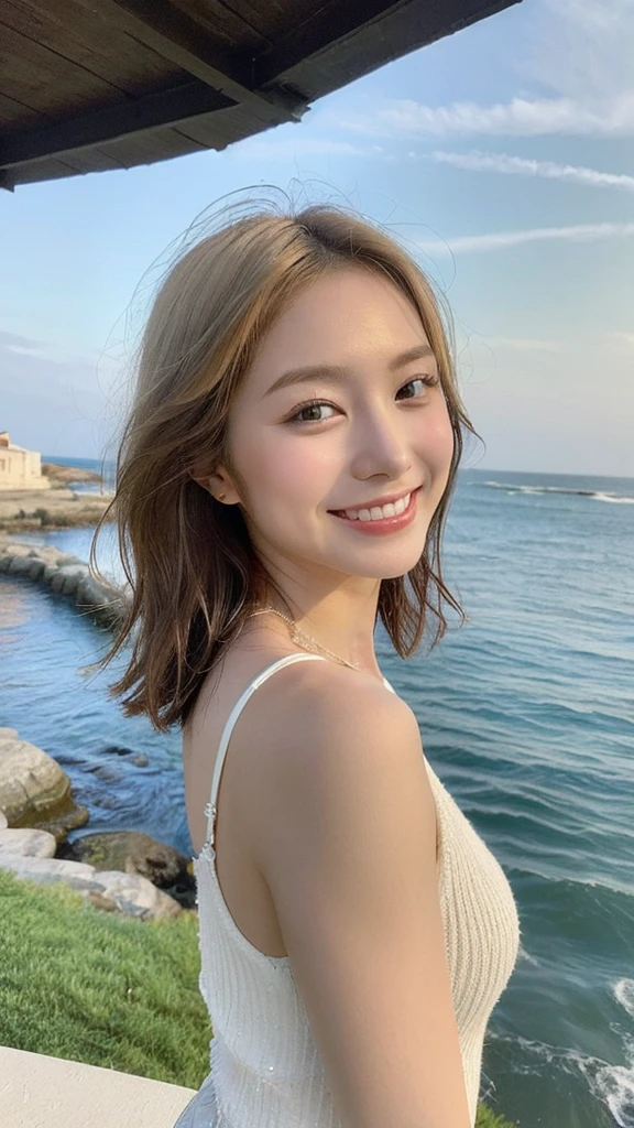((finest masterpiece)), ((Highest quality)), ((Genuine)), ((8K)), 1 girl, Japanese, 24-years-old, so beautiful, model, whole body, thin, model, ソニー一眼レフphotograph, blonde, Long Hair, short hair, Looking at the camera,smile, Background Real, Ocean、Europe, art, photograph,