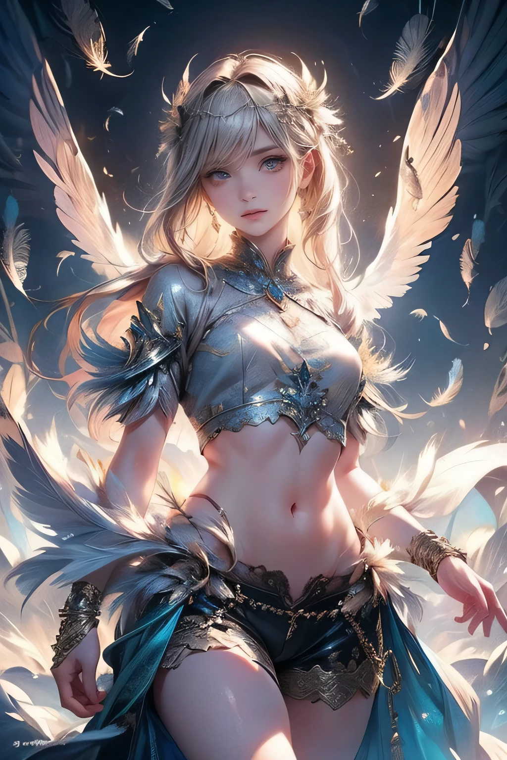 A beautiful cute angel, intricate beautiful detailed (crop top covered in countless feathers:1.2), intricate beautiful detailed (shorts covered in countless feathers:1.2), large angel wings:1.2, night, dark tones, descending to the waterside, downcast gaze, melancholic eyes, platinum blonde flowing hair, detailed facial features, highly detailed, 16k, highest quality, masterpiece, photorealistic:1.37, cinematic posing, cinematic angle, dramatic lighting, moody atmosphere, mystical, ethereal, serene