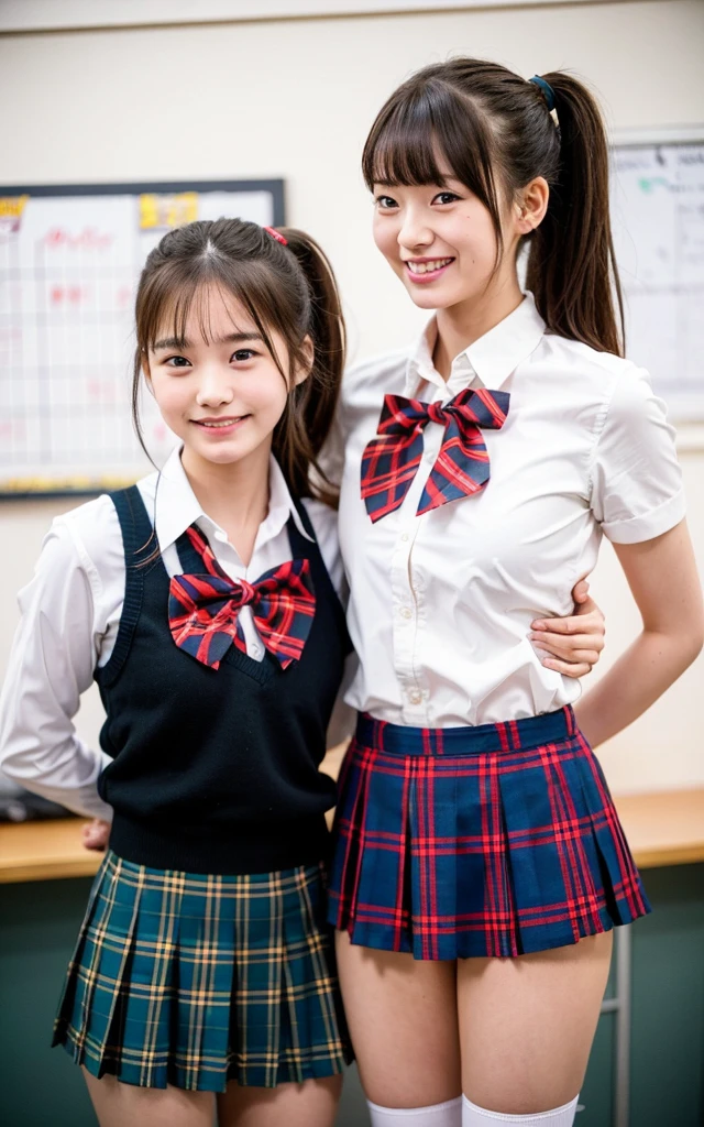 girls standing in school classroom, with red plaid bow tie,18-year-old,bangs,a little smiles,thighs,knees,low ponytail,from below
