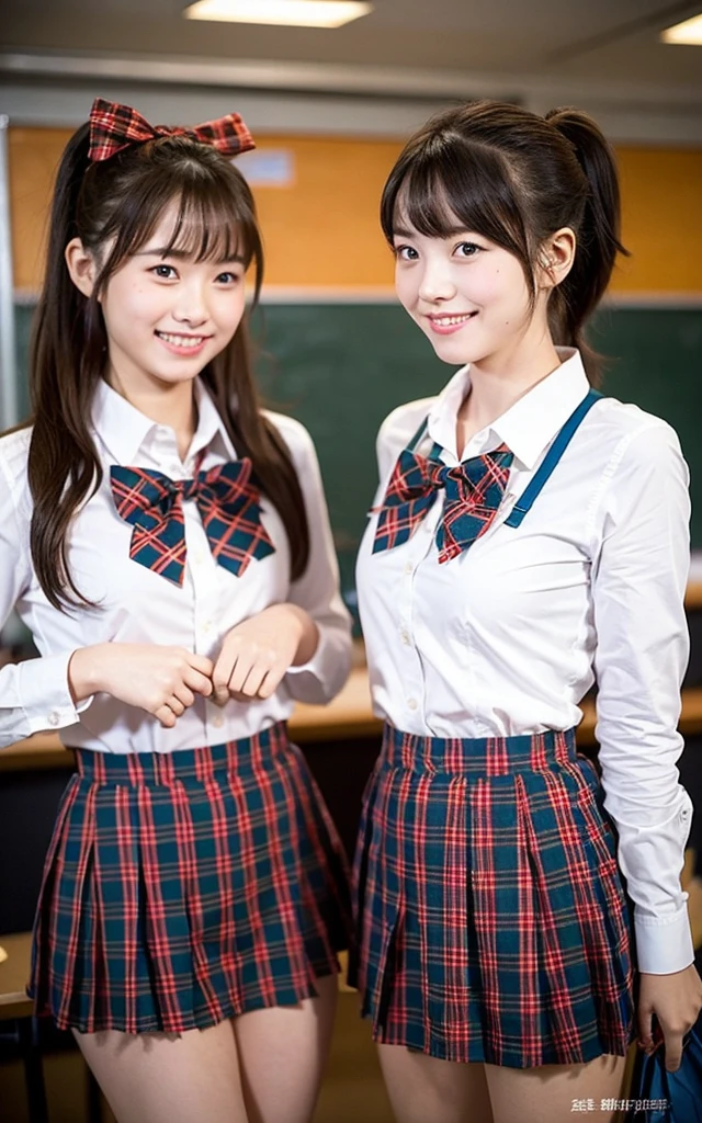 girls standing in school classroom, with red plaid bow tie,18-year-old,bangs,a little smiles,thighs,knees,low ponytail,from below