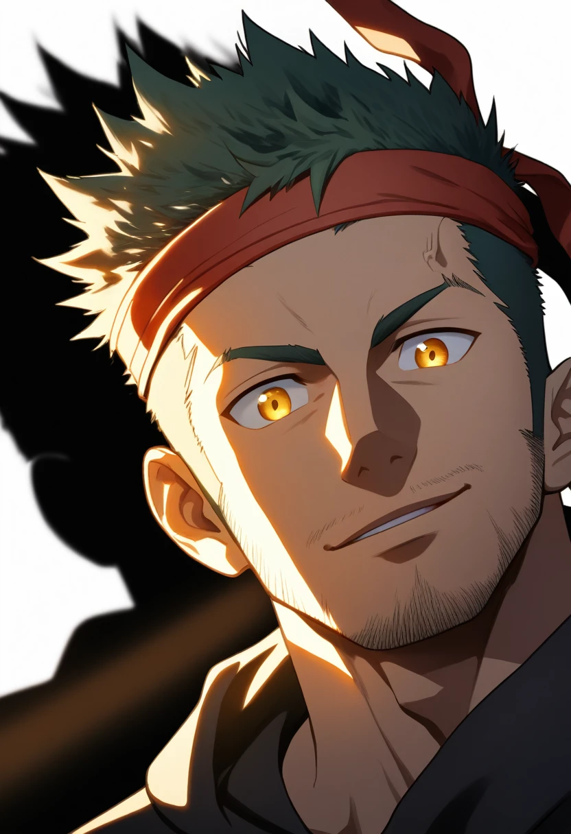 anime characters:Gyee, priapus, 1 muscular man god, sports Red headband, Black sports sweatshirt, muscular male, muscular, only, Upper body, alone, Yellow short hair, Thick eyebrows, stubble, Yellow eyes, White background, simple background, amazing quality, best aesthetics, Ridiculous, bright pupils, crew cut, naughty face, torogao, parted lips, god rays, chiaroscuro, drop shadow, best quality