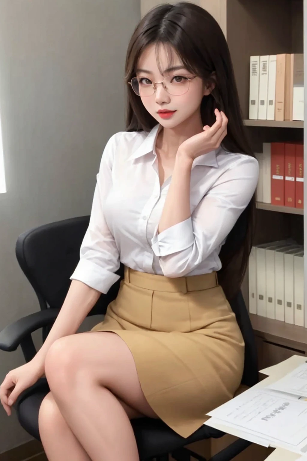 asian beauty, glassess, office, ((big biceps))