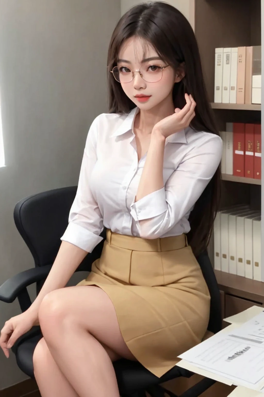asian beauty, glassess, office, ((big biceps))
