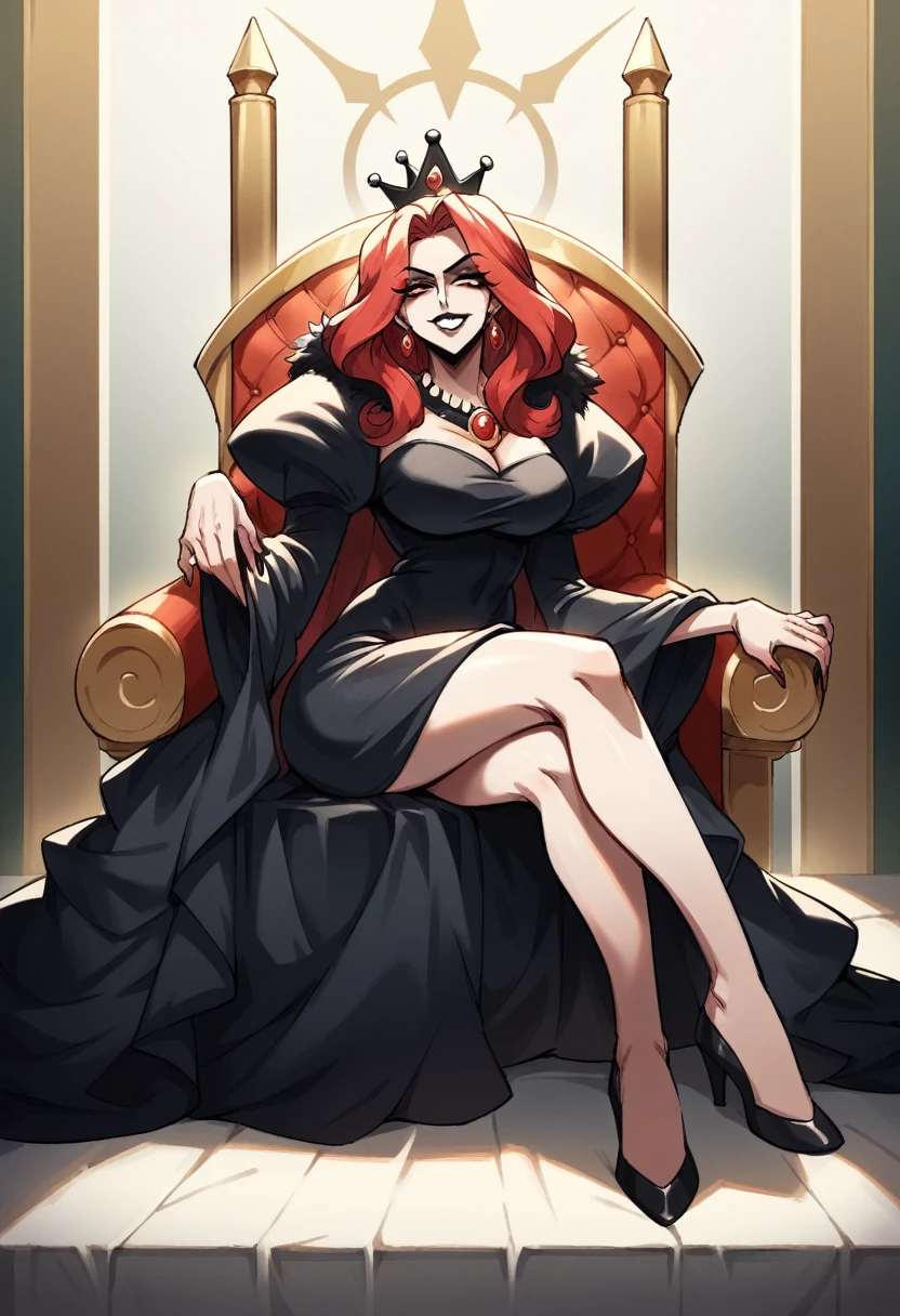 A beautiful woman sitting on a throne, pale skin and flowing red hair, medium legnth hair, dutchess in modest adornment, modest clothing, full dress, fur collar, black dress, warm colours, mature woman, sharp features, sly smile, evil queen, knoght queen, lodgehouse background